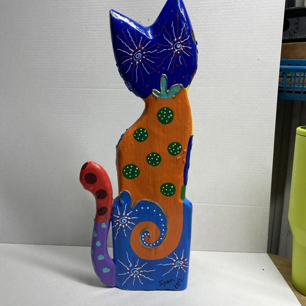 Hand-Painted Wooden Cat Figure Multicolor Folk Art Sculpture - Picture 3 of 14